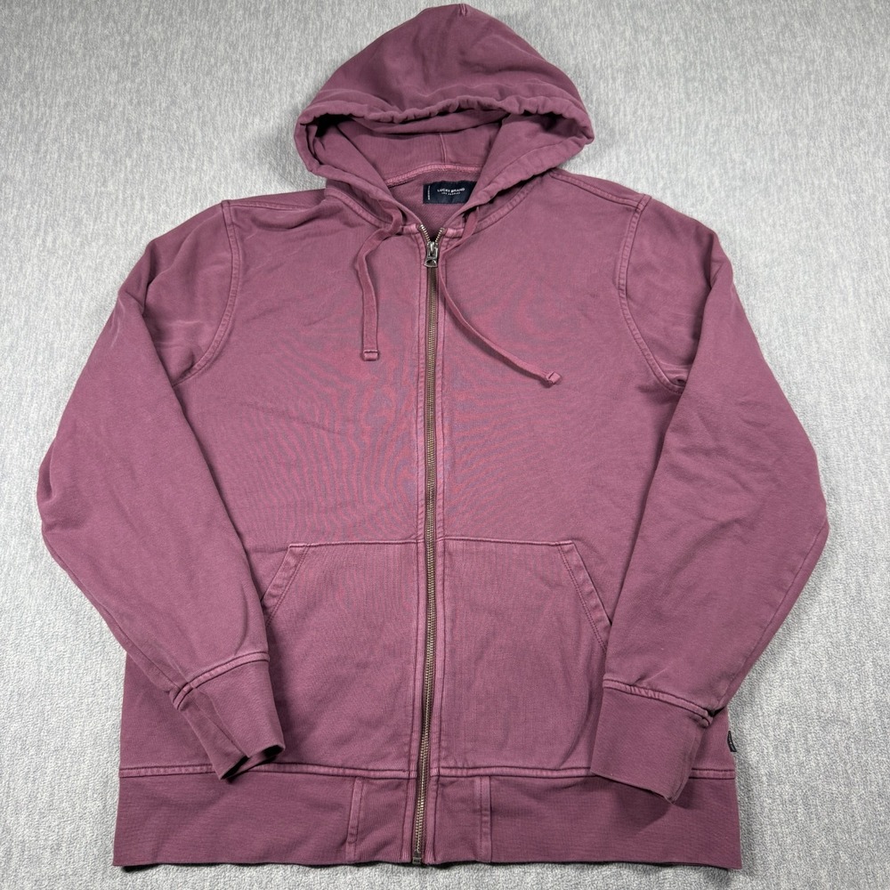 Lucky Brand Hoodie Mens L Plum Purple Full Zip French Terry Washed Ribbed Casual